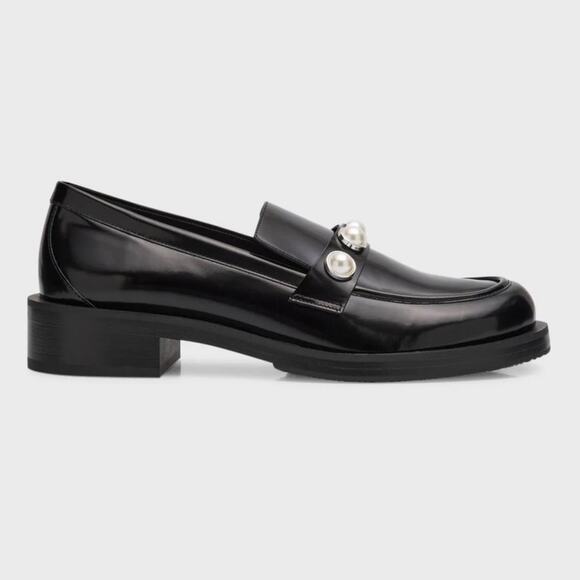 Stuart Weitzman Portia Bold Loafers Black Leather w Pearl Detail Size 8.5 Spain - Picture 2 of 14